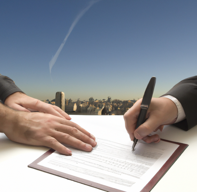 Two Hands On A Table Signing A Document With The Table Having A Background Of A City 